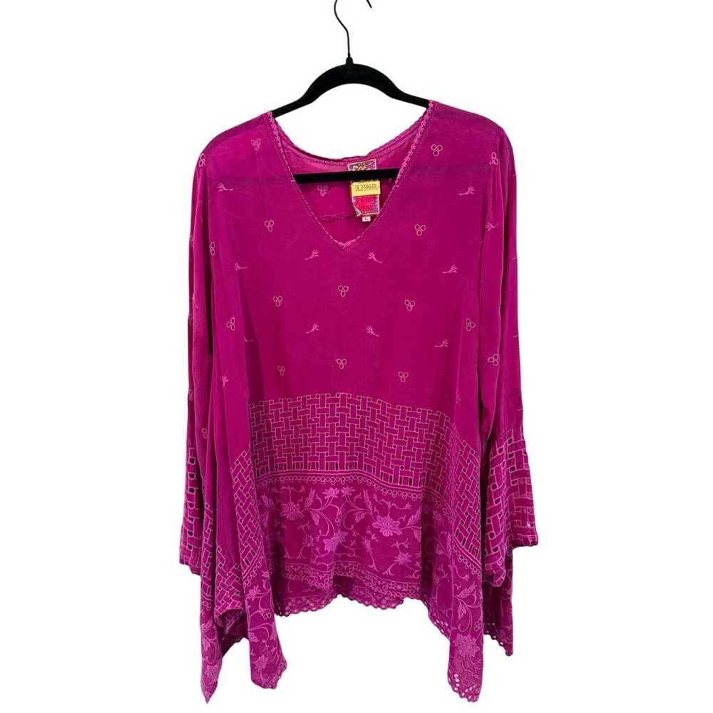 Johnny Was Magenta Purple Embroidered Eyelet Tunic Top V-Neck Handkerchief Hem L